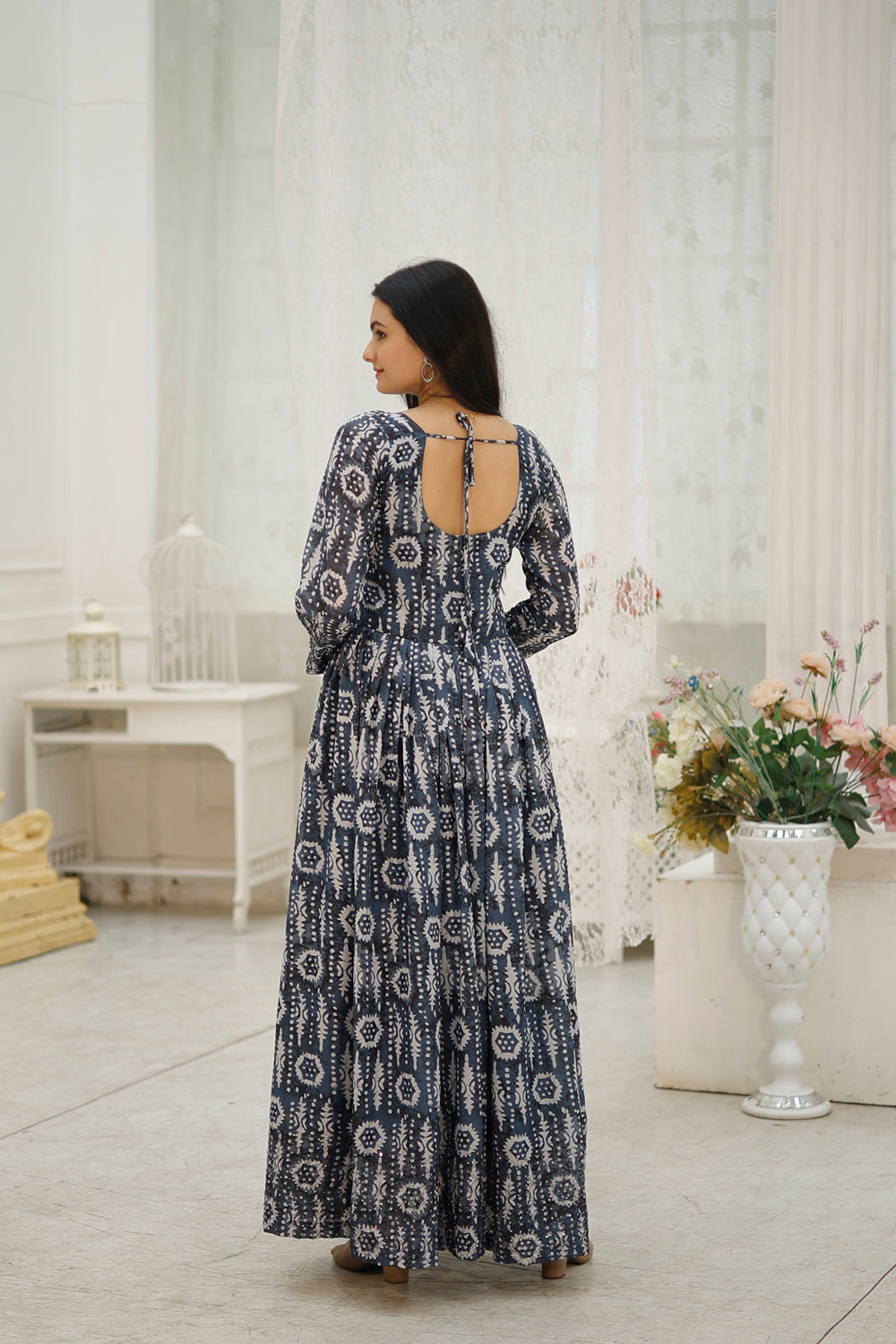 Embroidered Faux Georgette Gown with Print