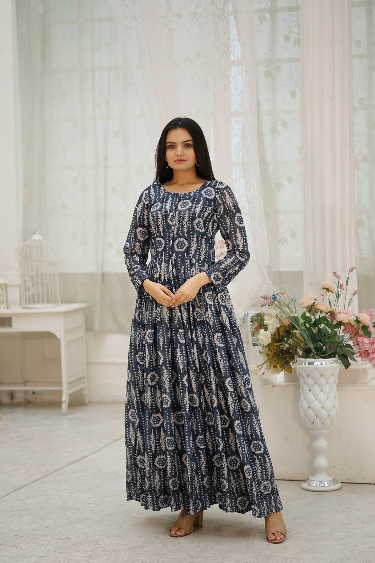 Embroidered Faux Georgette Gown with Print