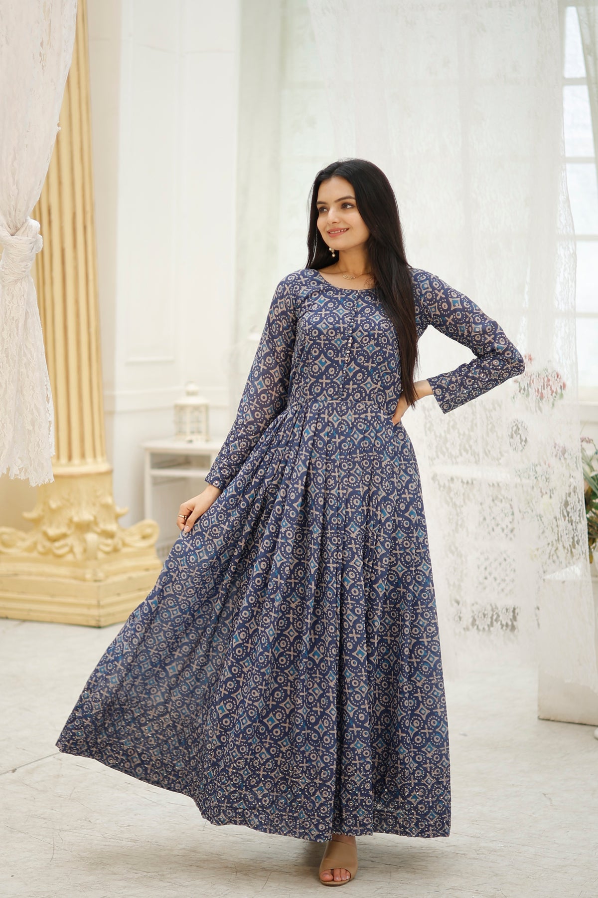 Printed Faux Georgette Gown with Embroidery work