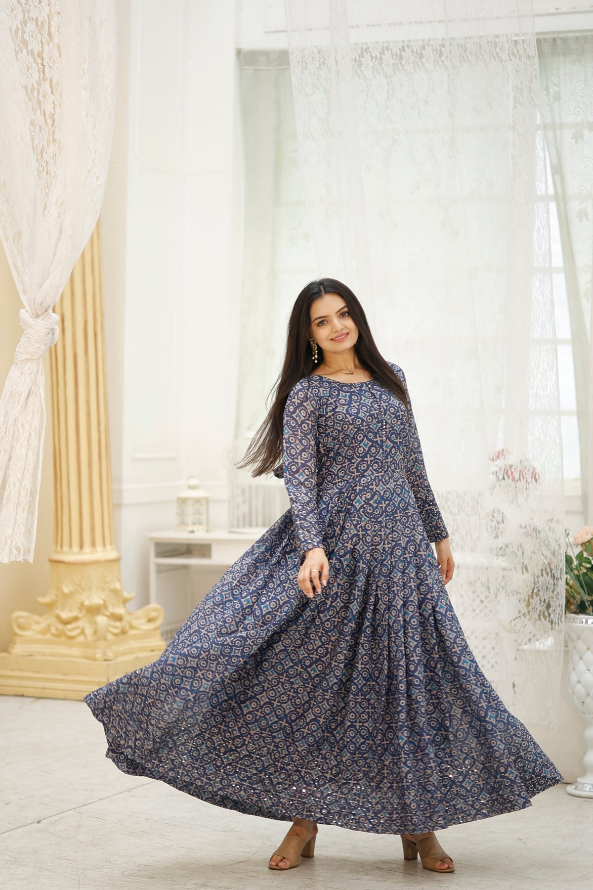 Printed Faux Georgette Gown with Embroidery work