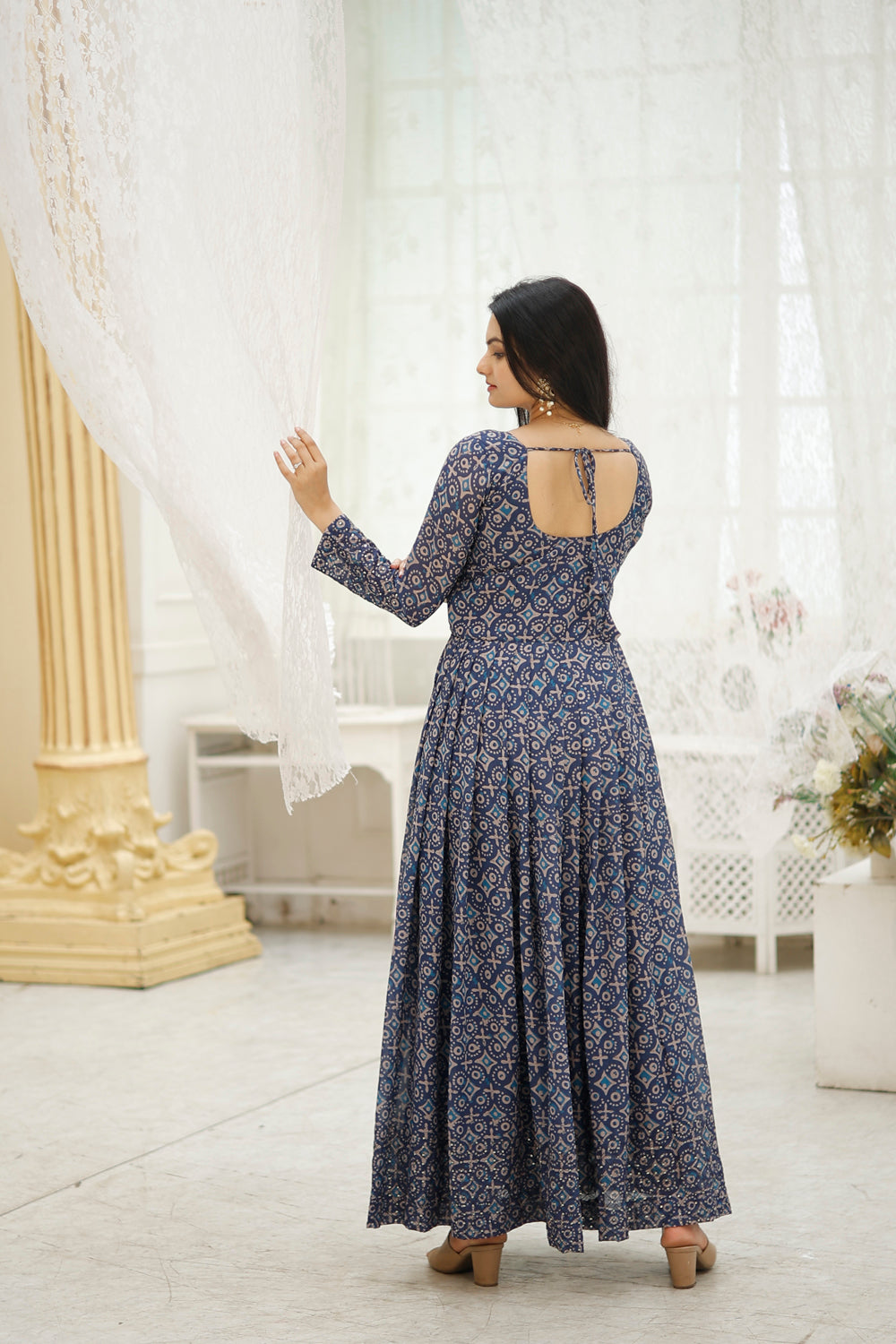 Printed Faux Georgette Gown with Embroidery work