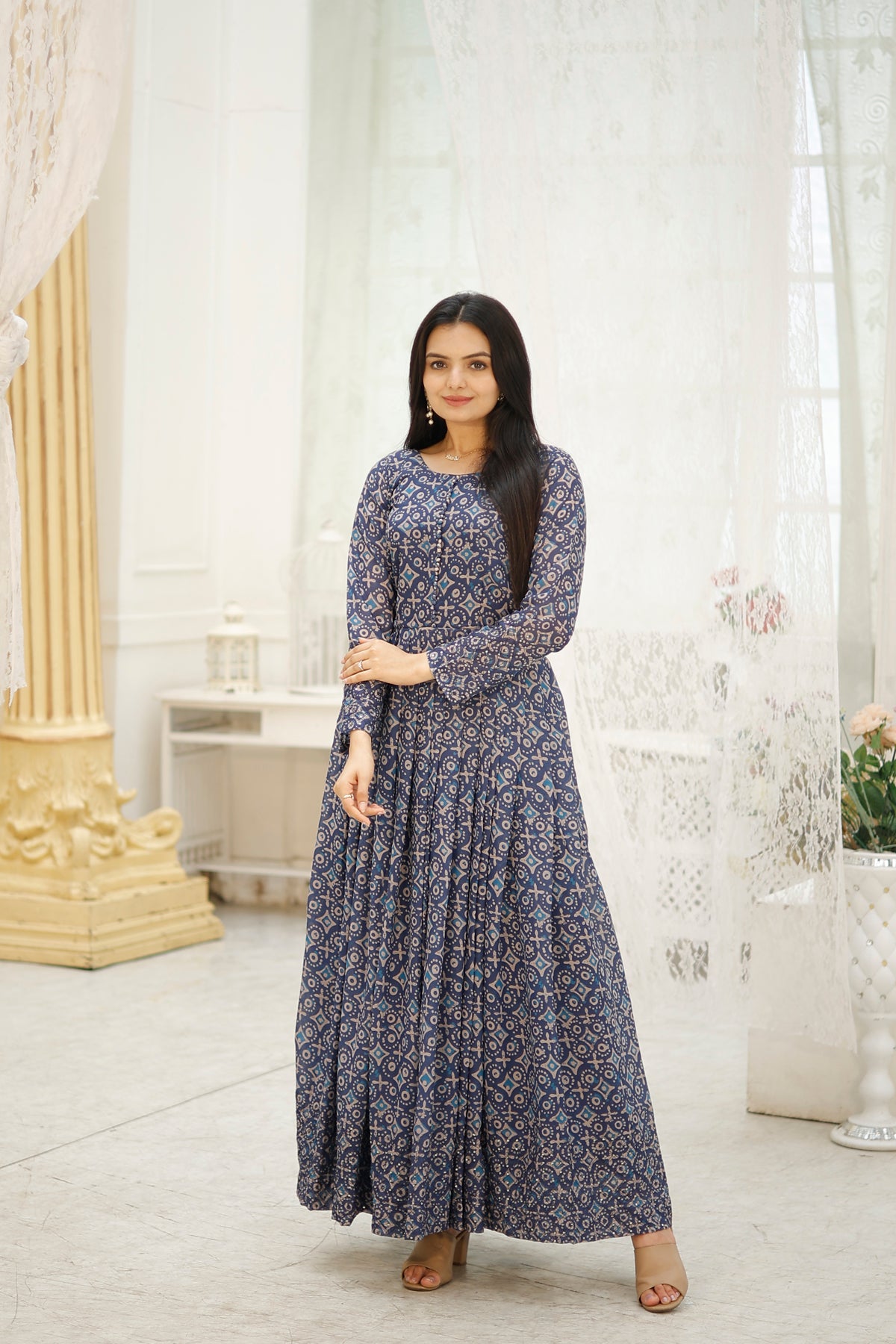 Printed Faux Georgette Gown with Embroidery work