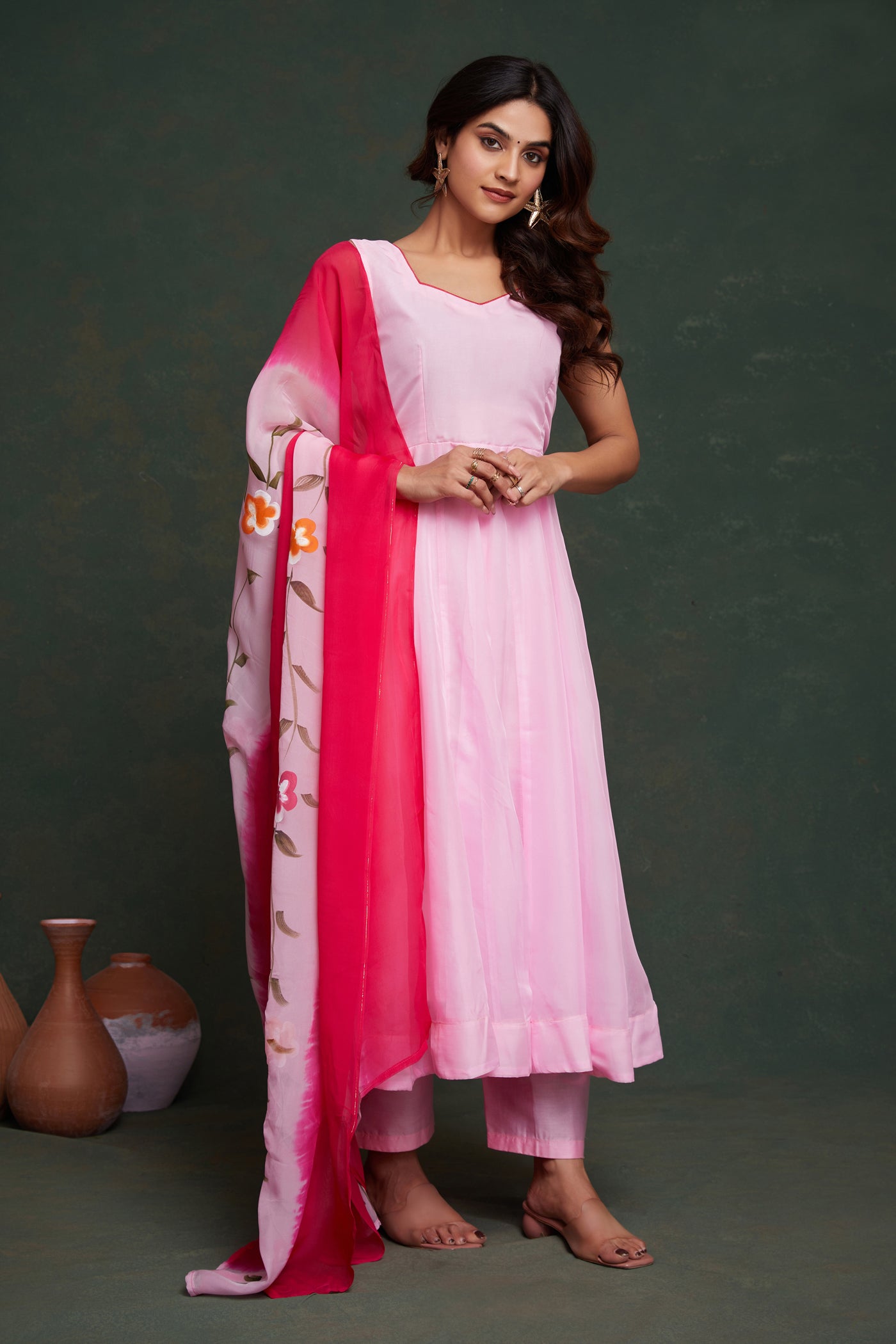 Elegant Pink Organza Kurta Set with Hand-Painted Dupatta