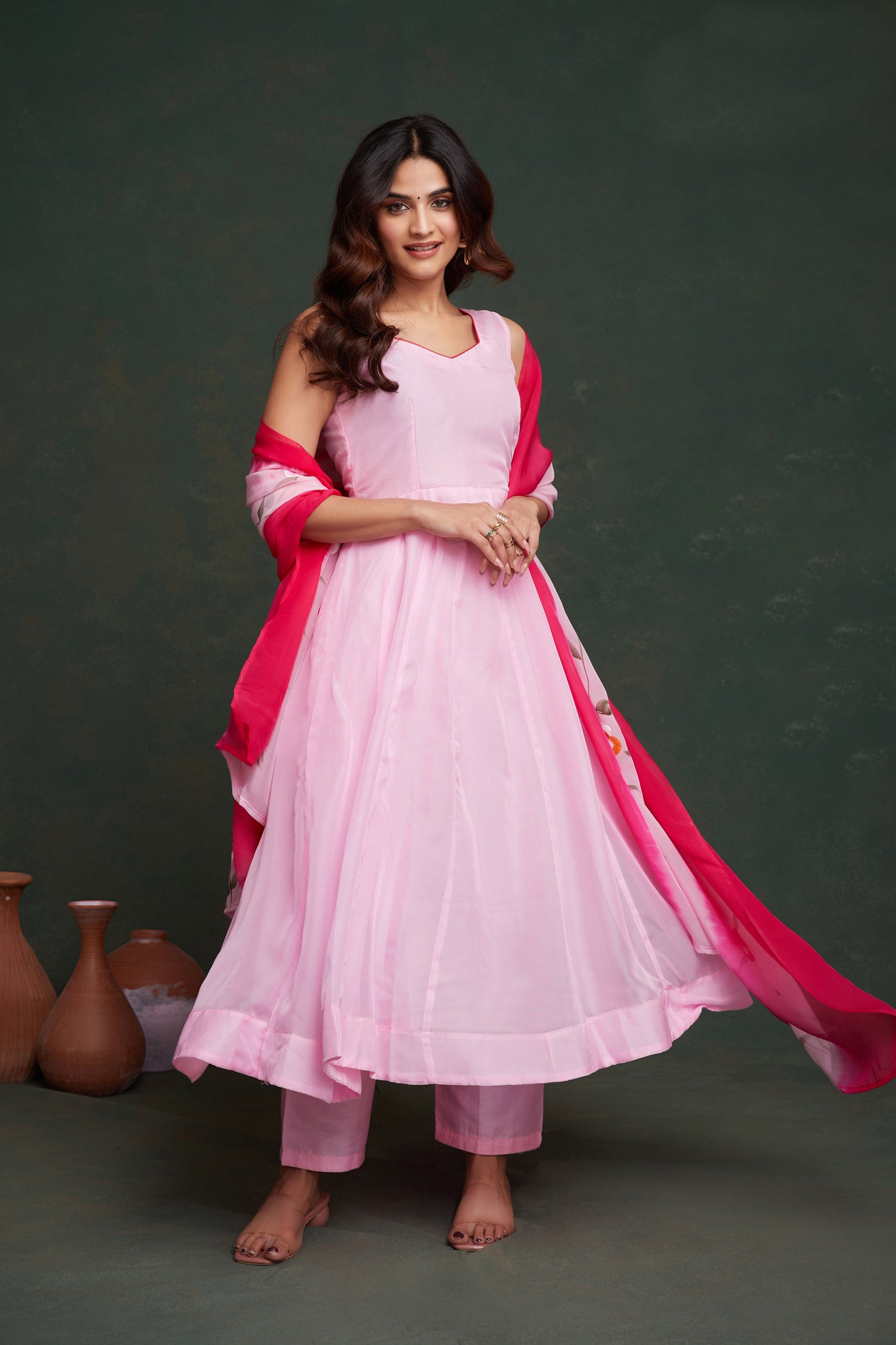 Elegant Pink Organza Kurta Set with Hand-Painted Dupatta