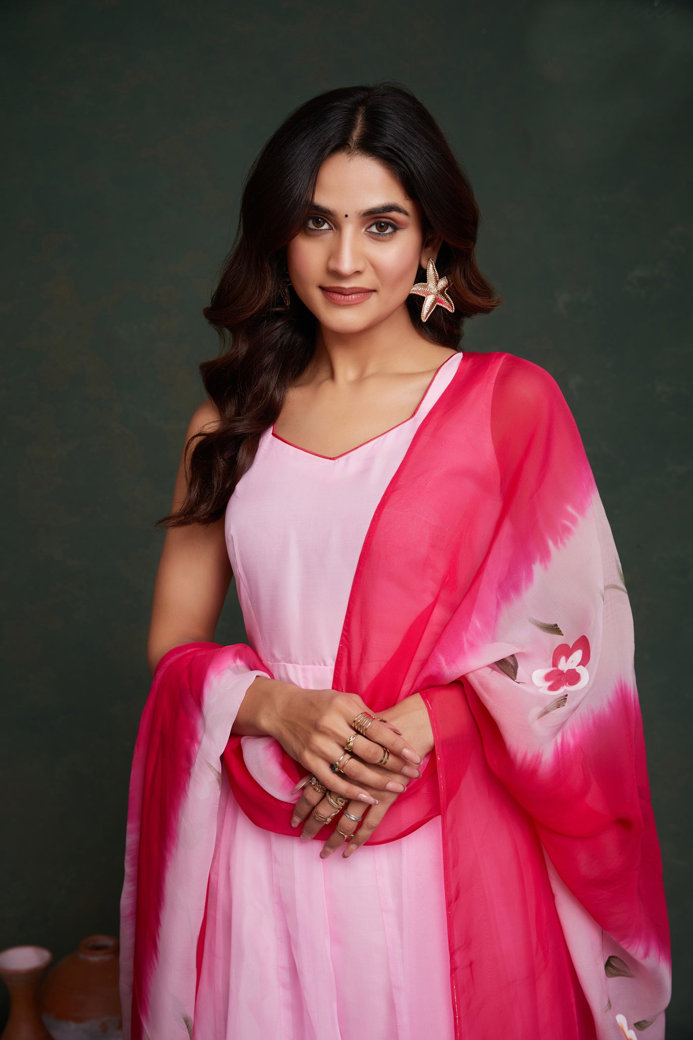 Elegant Pink Organza Kurta Set with Hand-Painted Dupatta