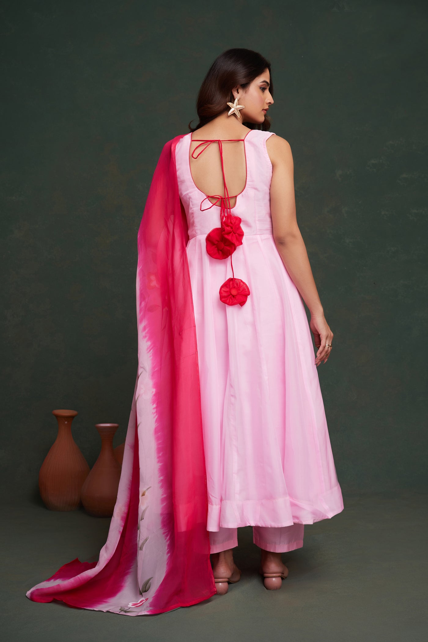 Elegant Pink Organza Kurta Set with Hand-Painted Dupatta