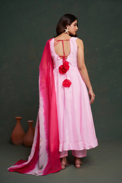 Elegant Pink Organza Kurta Set with Hand-Painted Dupatta