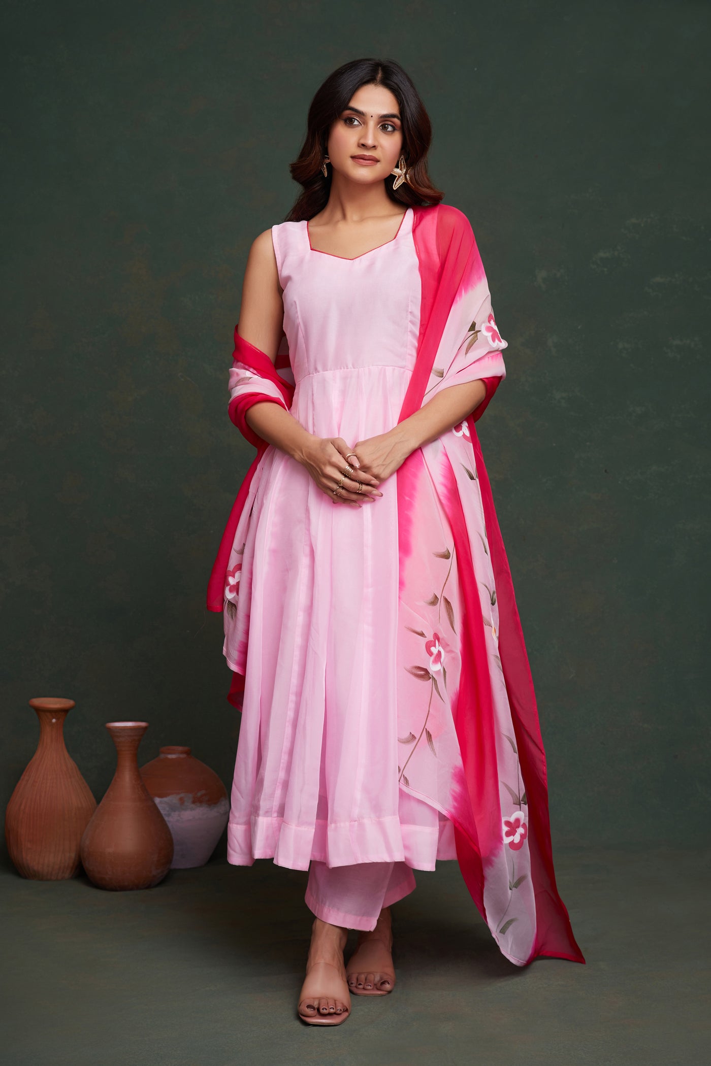 Elegant Pink Organza Kurta Set with Hand-Painted Dupatta