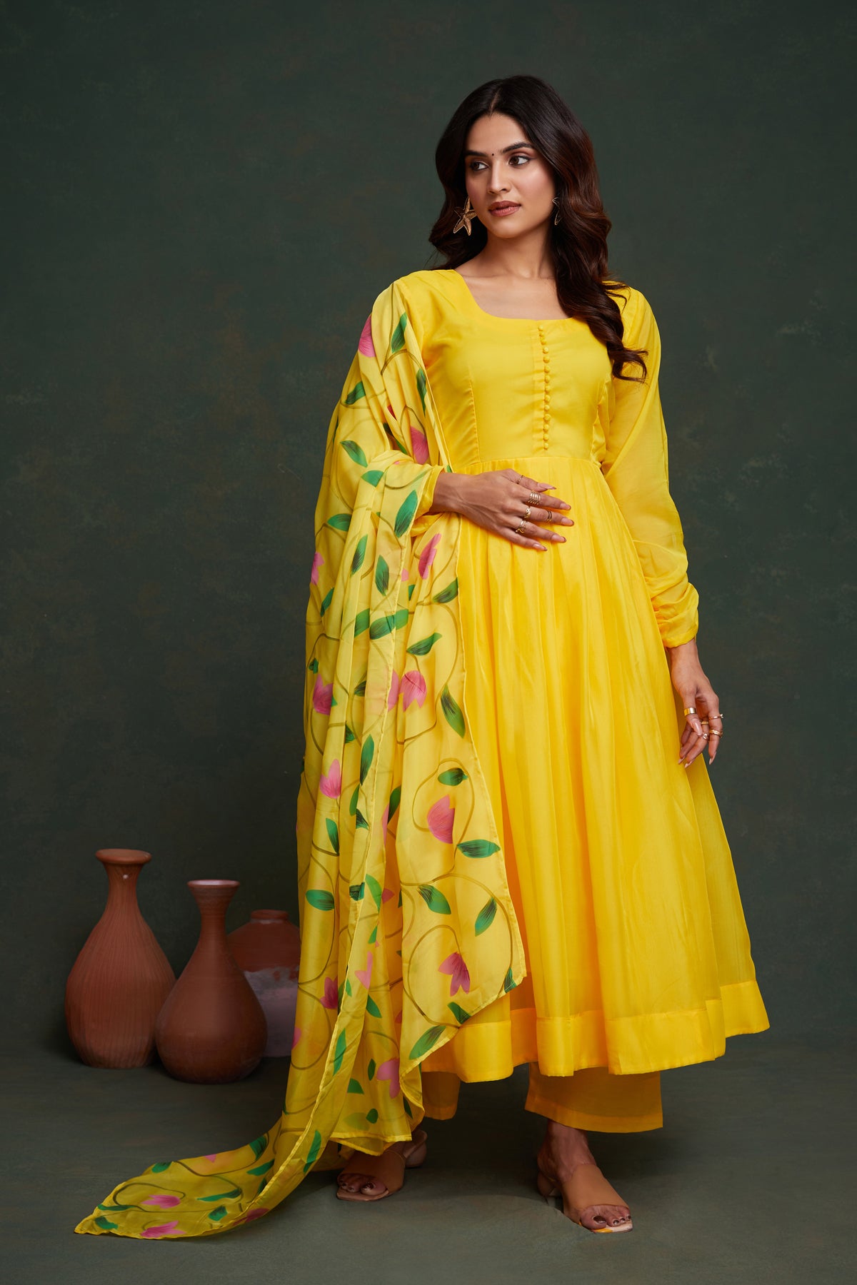 Hand-Painted Lemon Yellow Viscose Organza Kurta Set