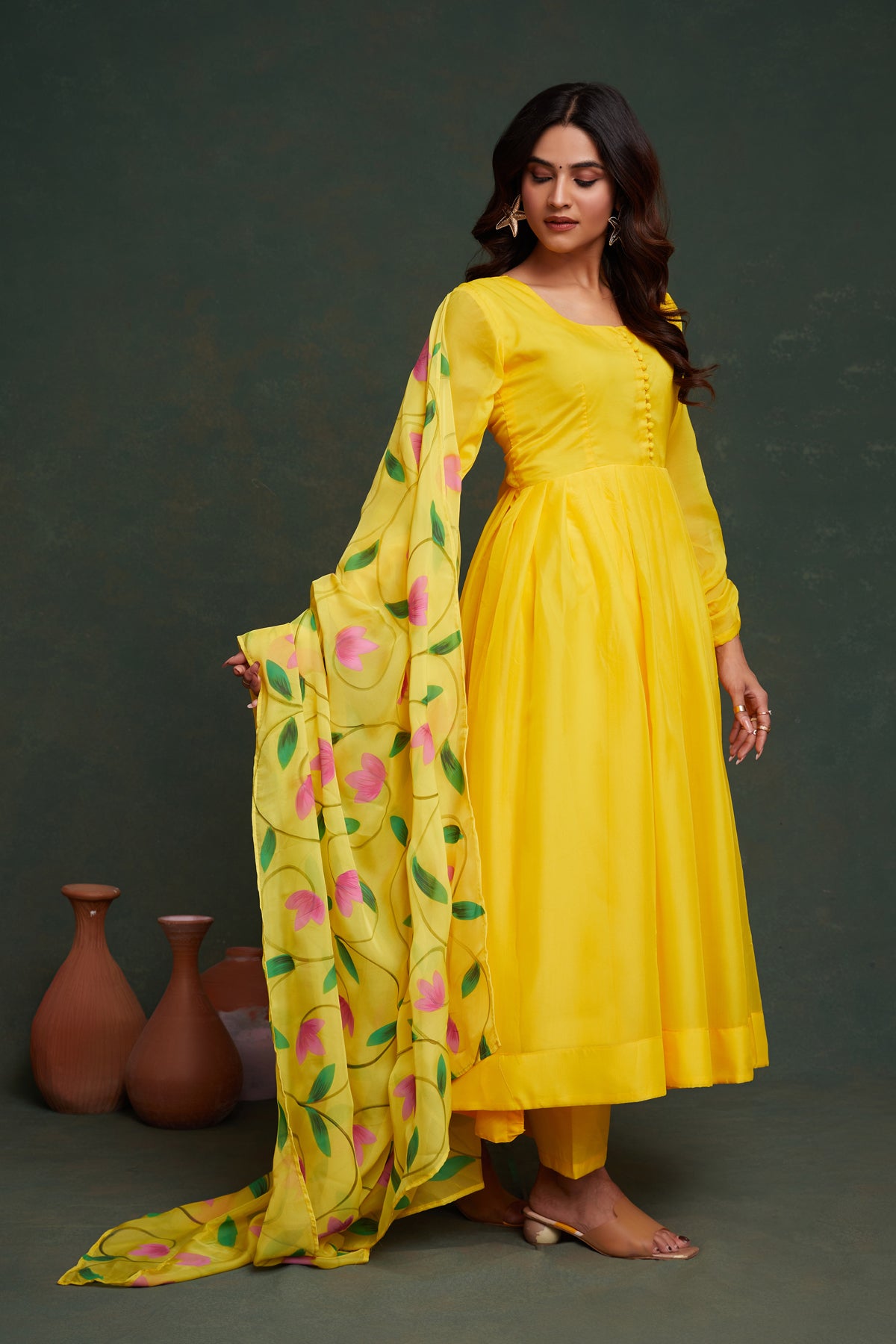 Hand-Painted Lemon Yellow Viscose Organza Kurta Set