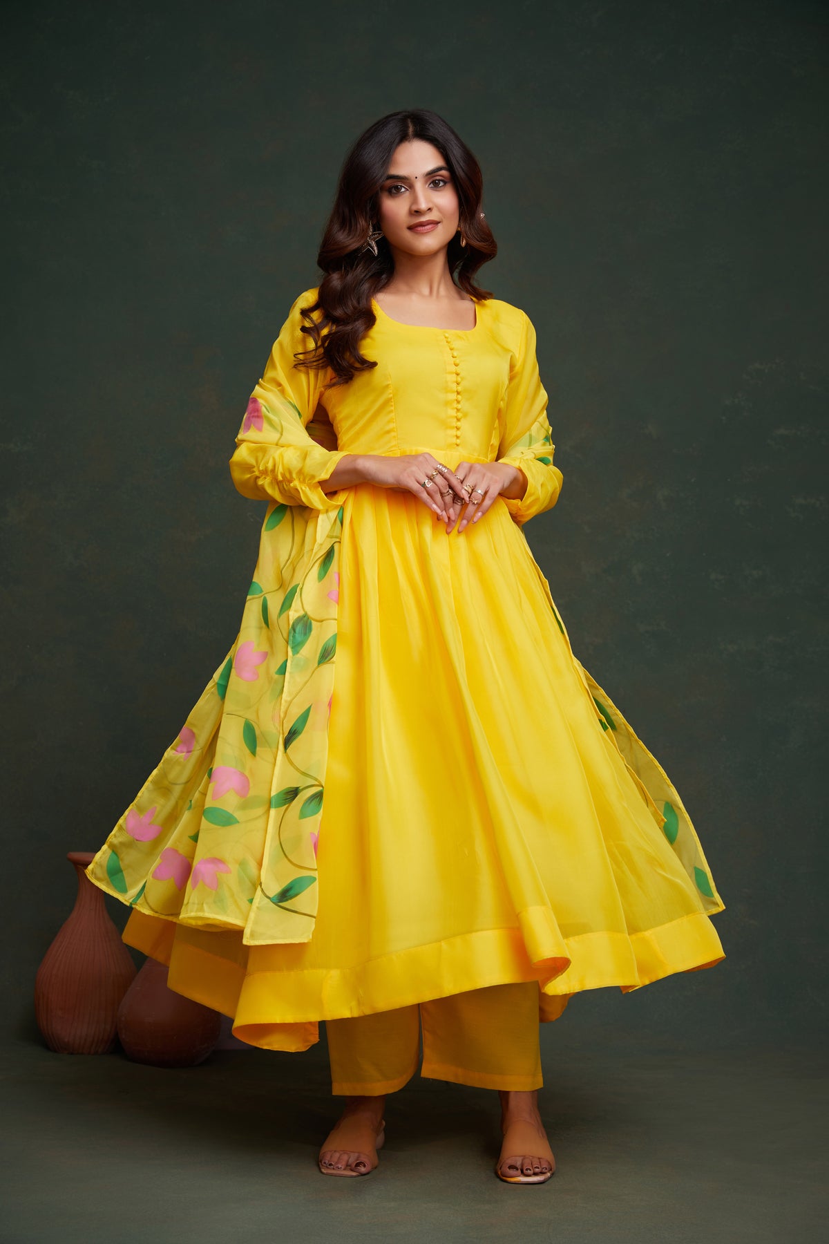 Hand-Painted Lemon Yellow Viscose Organza Kurta Set