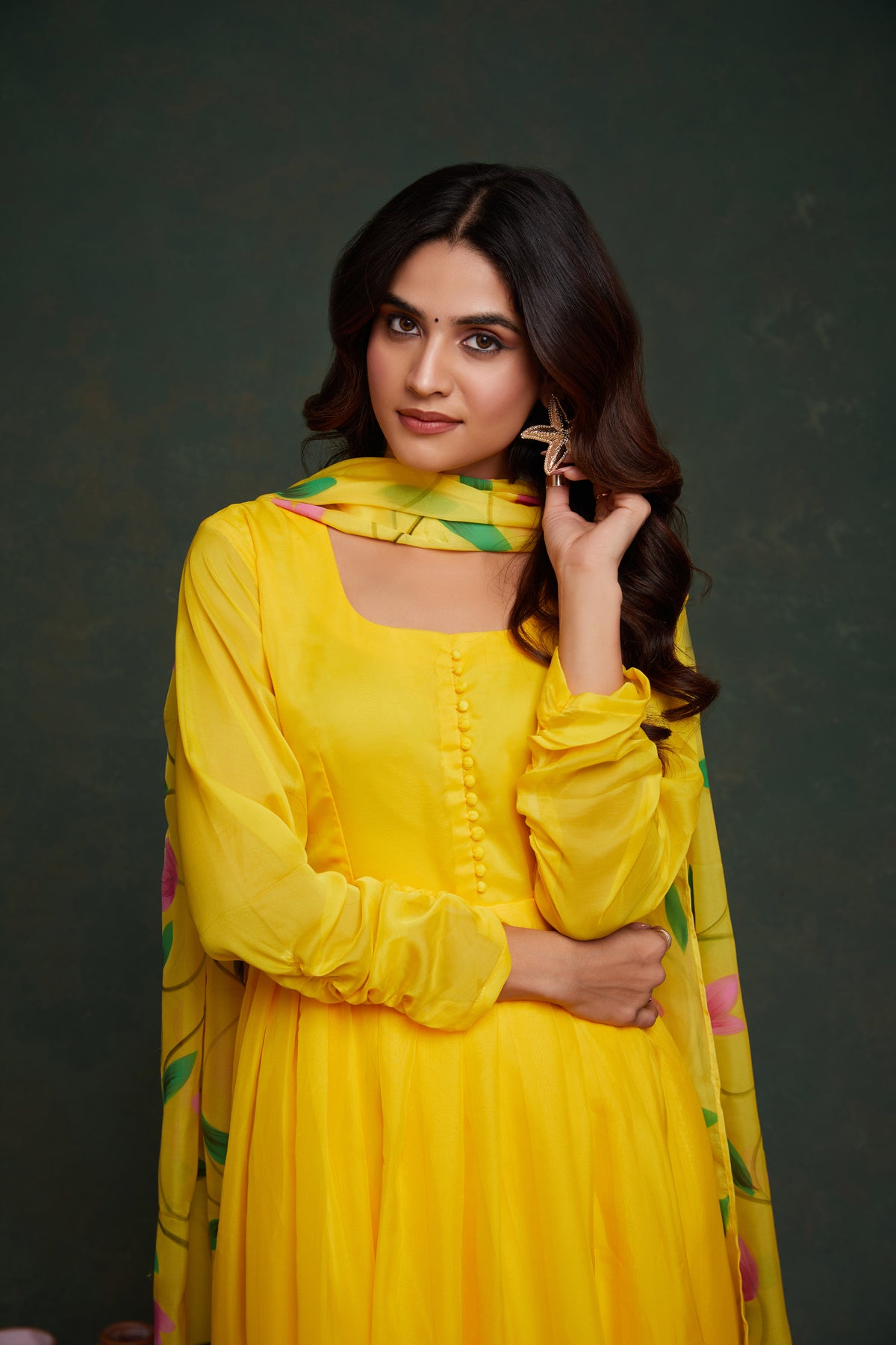 Hand-Painted Lemon Yellow Viscose Organza Kurta Set