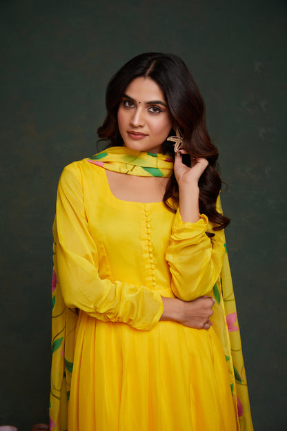 Hand-Painted Lemon Yellow Viscose Organza Kurta Set