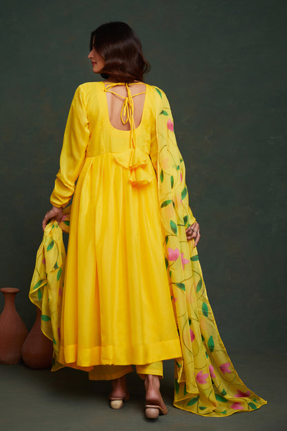 Hand-Painted Lemon Yellow Viscose Organza Kurta Set