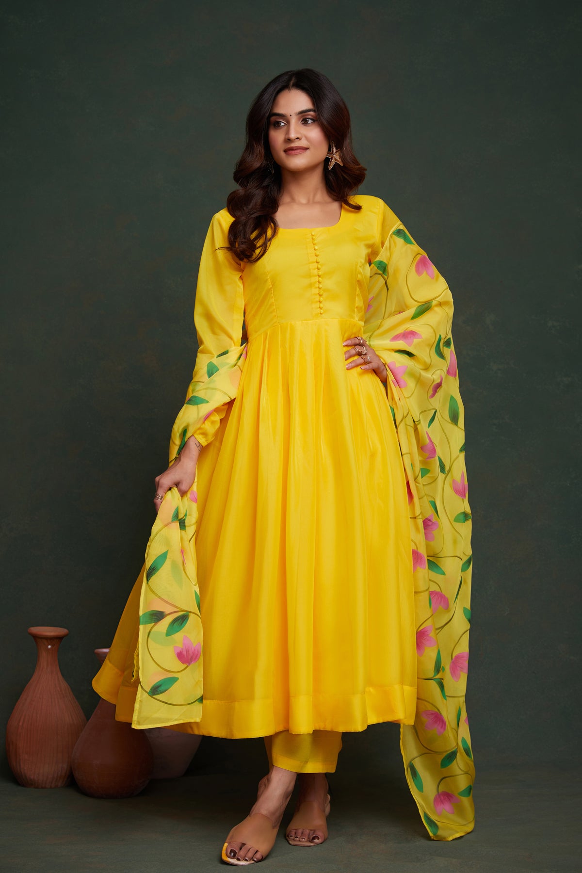 Hand-Painted Lemon Yellow Viscose Organza Kurta Set