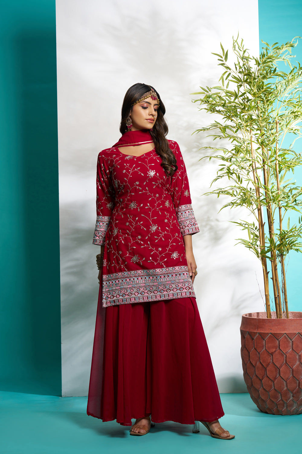 Maroon Faux Georgette Embroidered with Full Flaired plazzo set