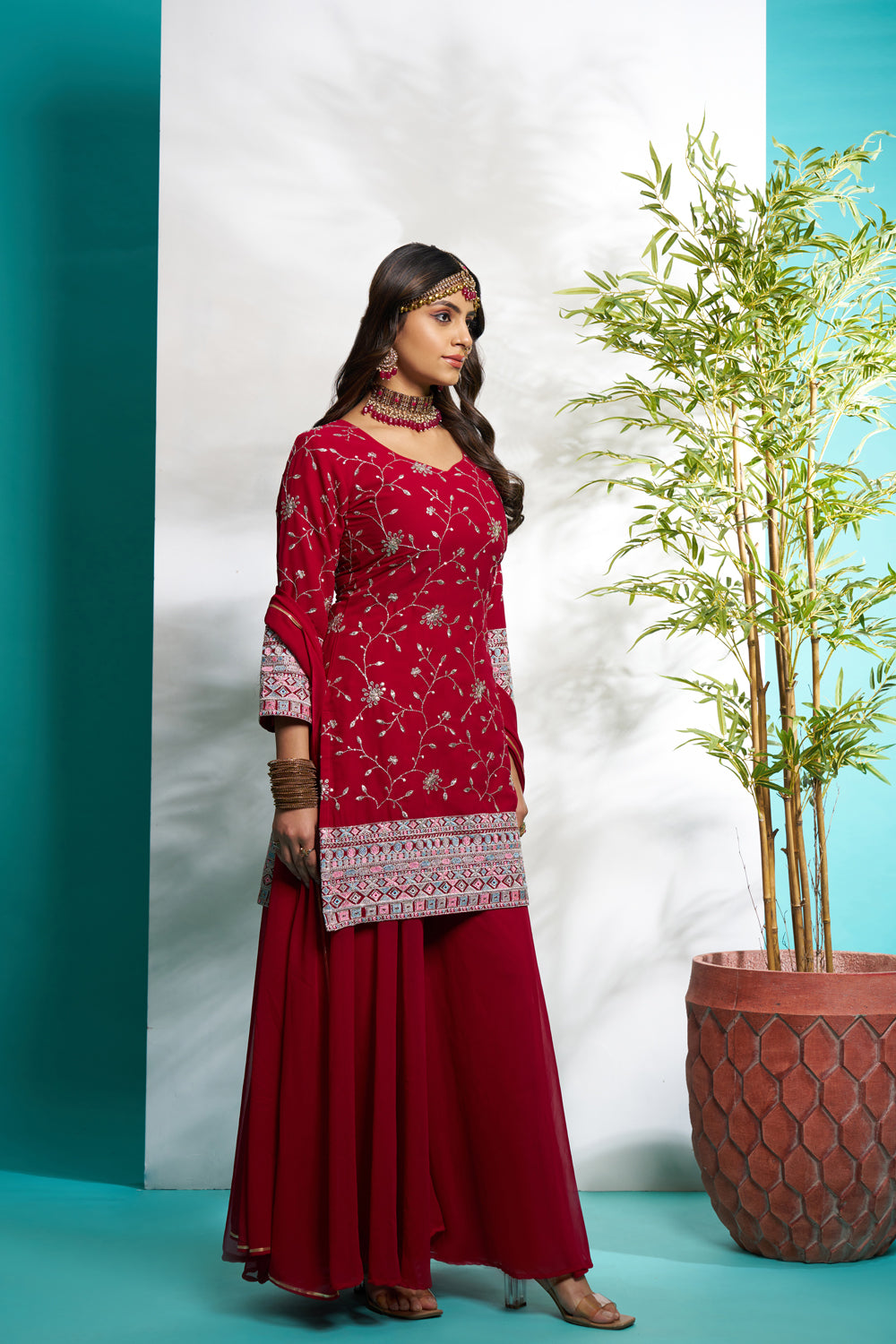 Maroon Faux Georgette Embroidered with Full Flaired plazzo set