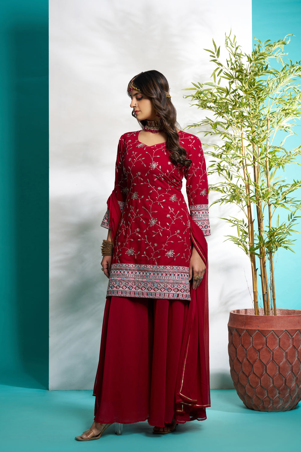 Maroon Faux Georgette Embroidered with Full Flaired plazzo set