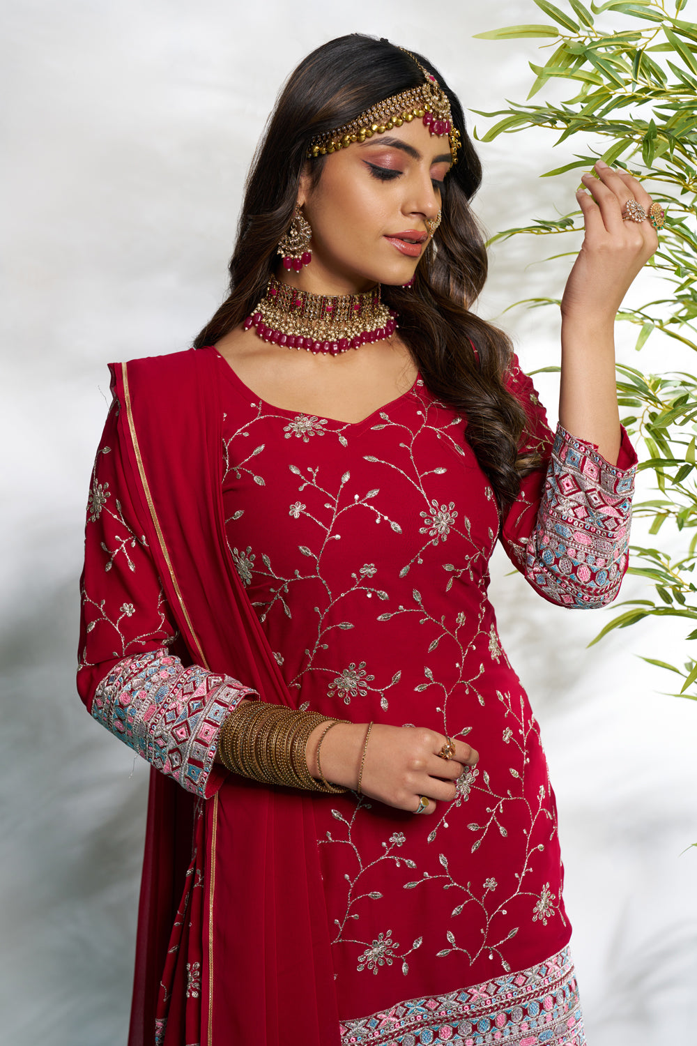 Maroon Faux Georgette Embroidered with Full Flaired plazzo set
