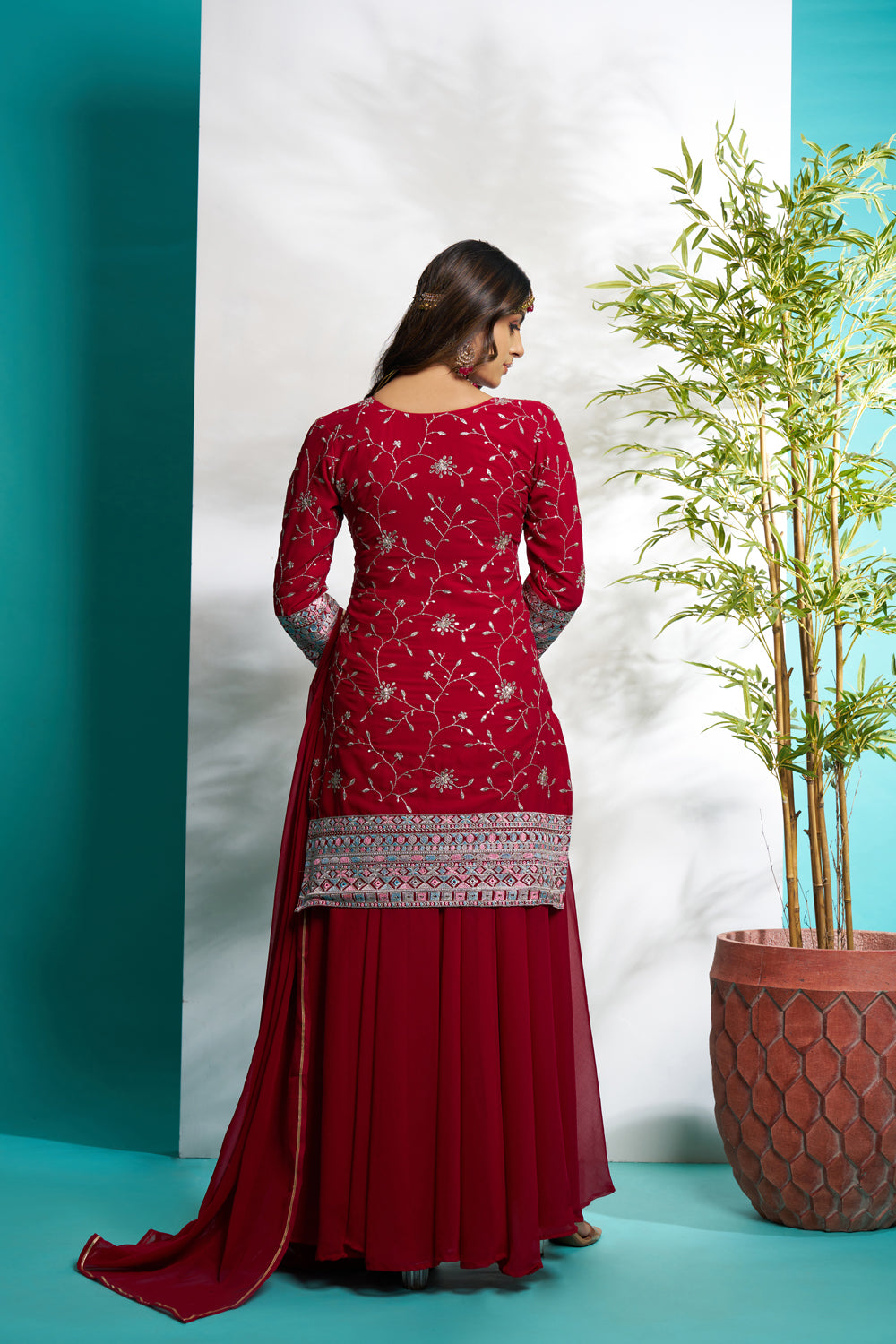 Maroon Faux Georgette Embroidered with Full Flaired plazzo set