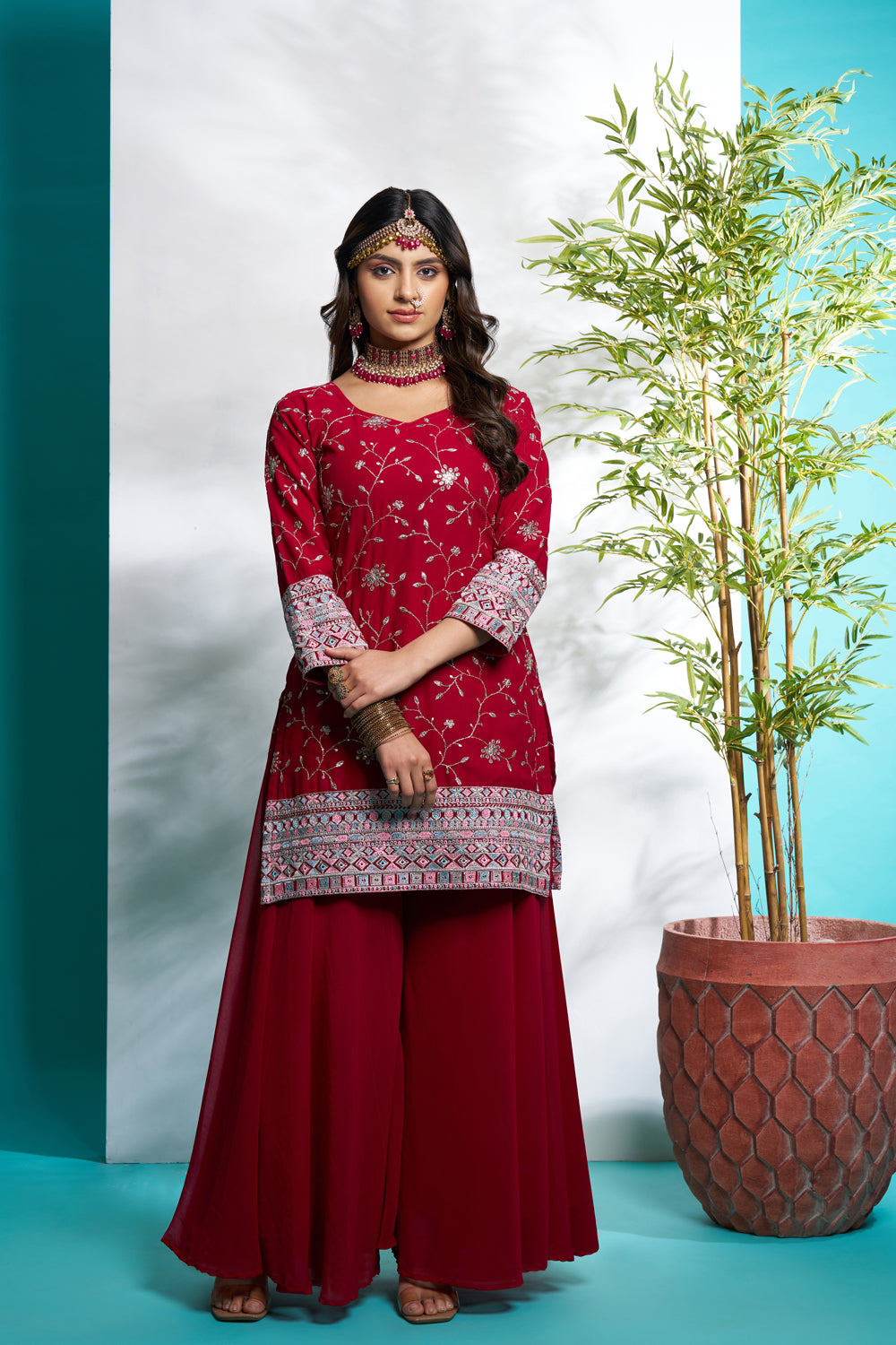 Maroon Faux Georgette Embroidered with Full Flaired plazzo set