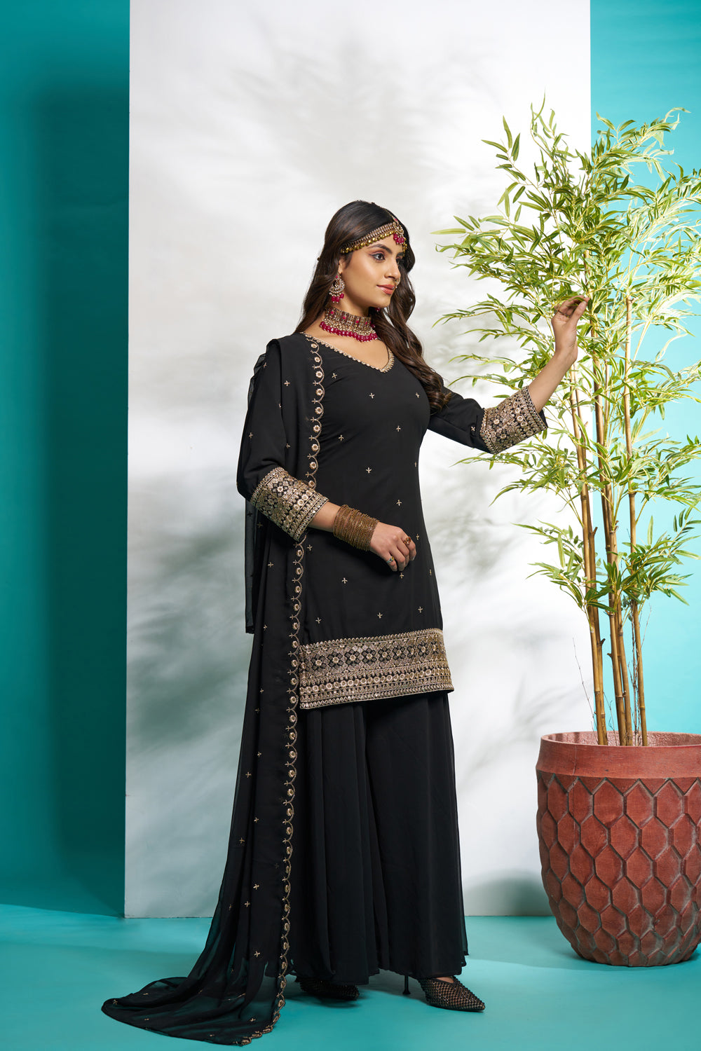 Black Faux Georgette Embroidered Palazzo Set