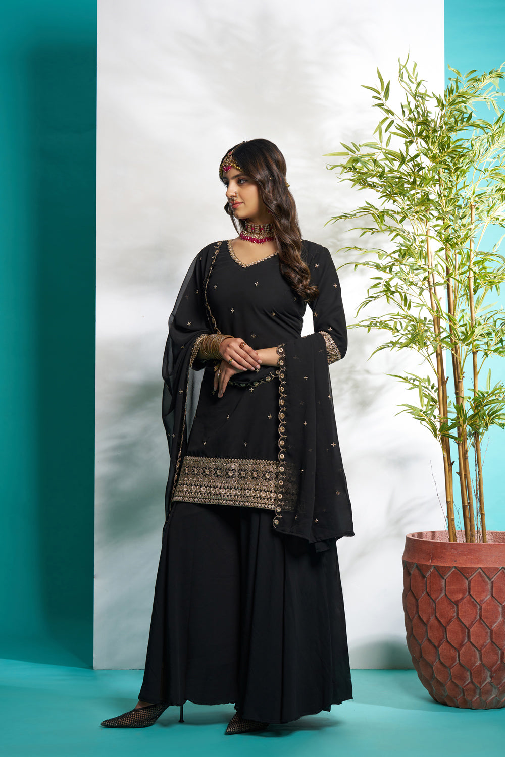 Black Faux Georgette Embroidered Palazzo Set