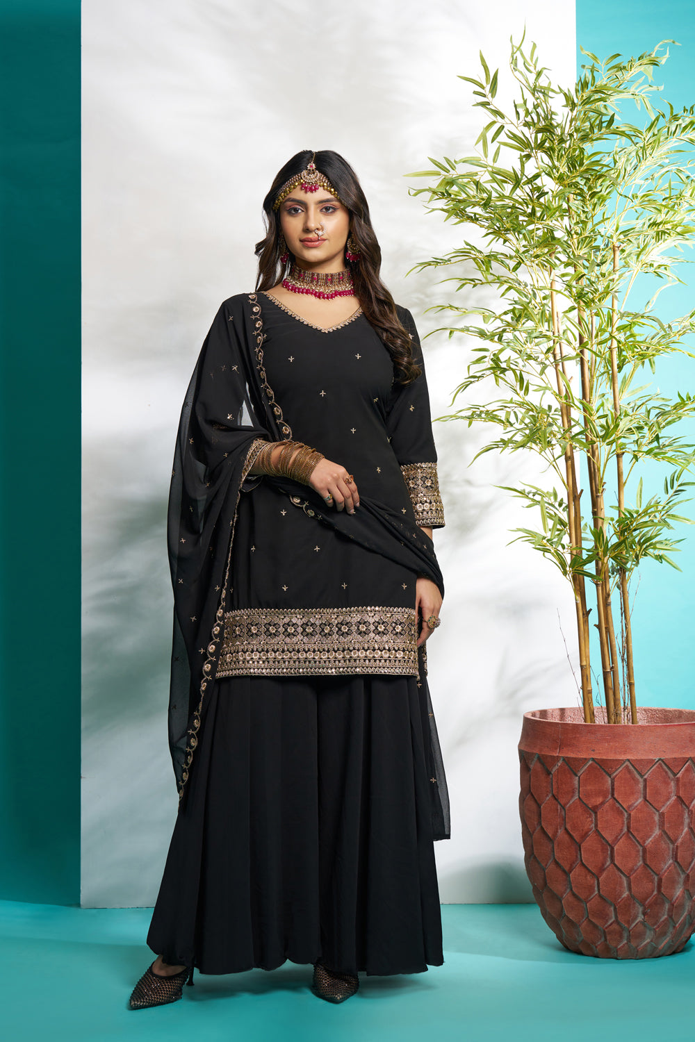 Black Faux Georgette Embroidered Palazzo Set