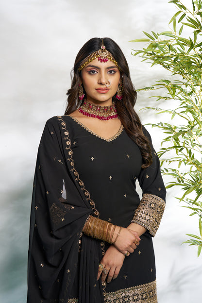 Black Faux Georgette Embroidered Palazzo Set