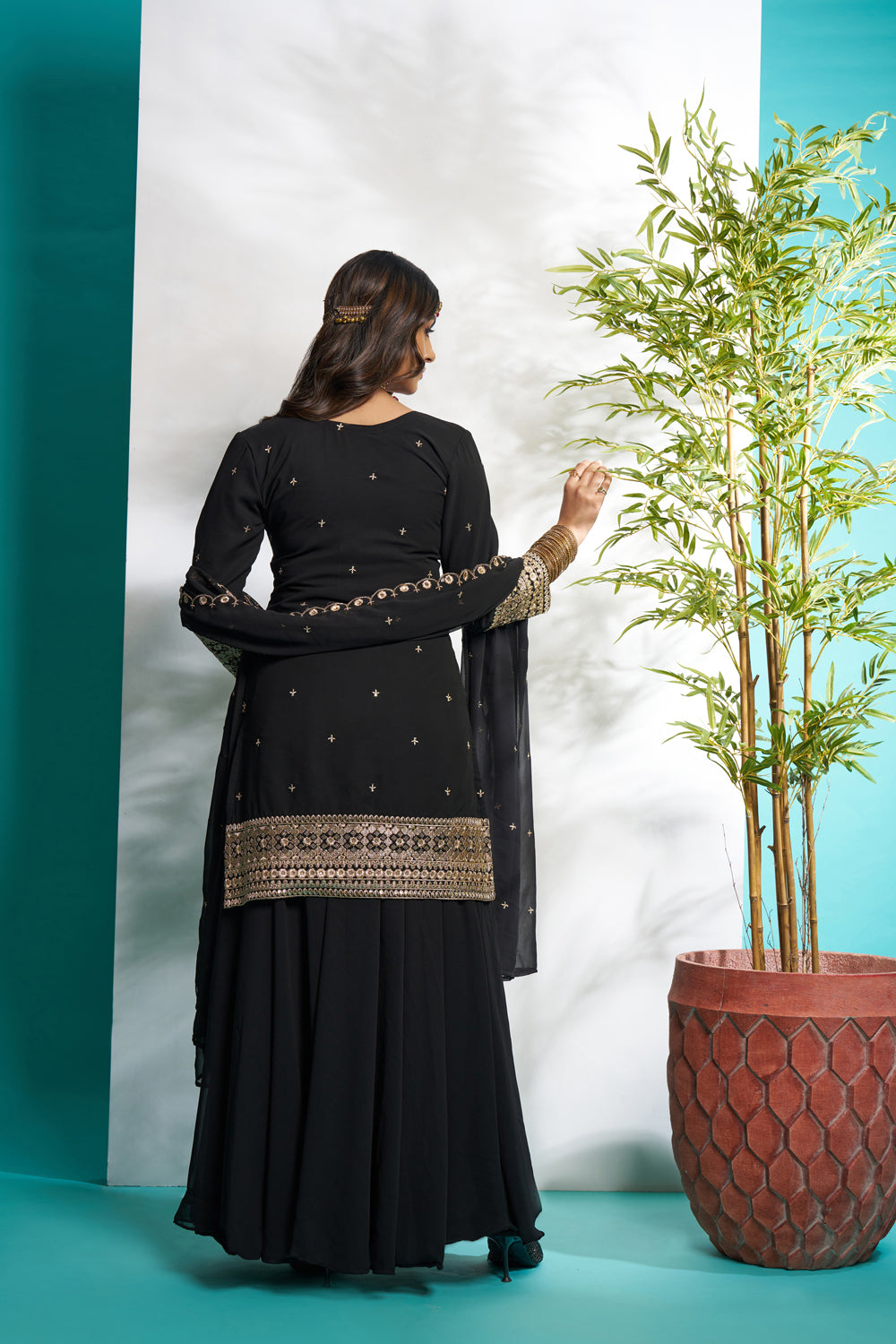 Black Faux Georgette Embroidered Palazzo Set