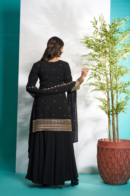 Black Faux Georgette Embroidered Palazzo Set