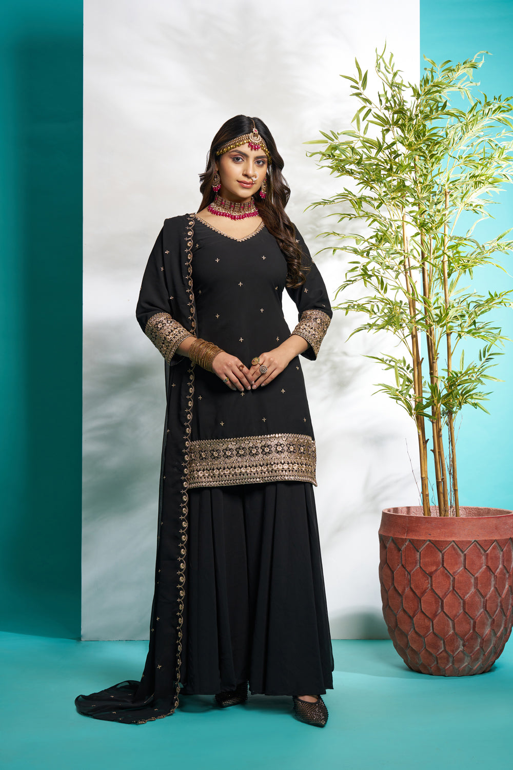 Black Faux Georgette Embroidered Palazzo Set