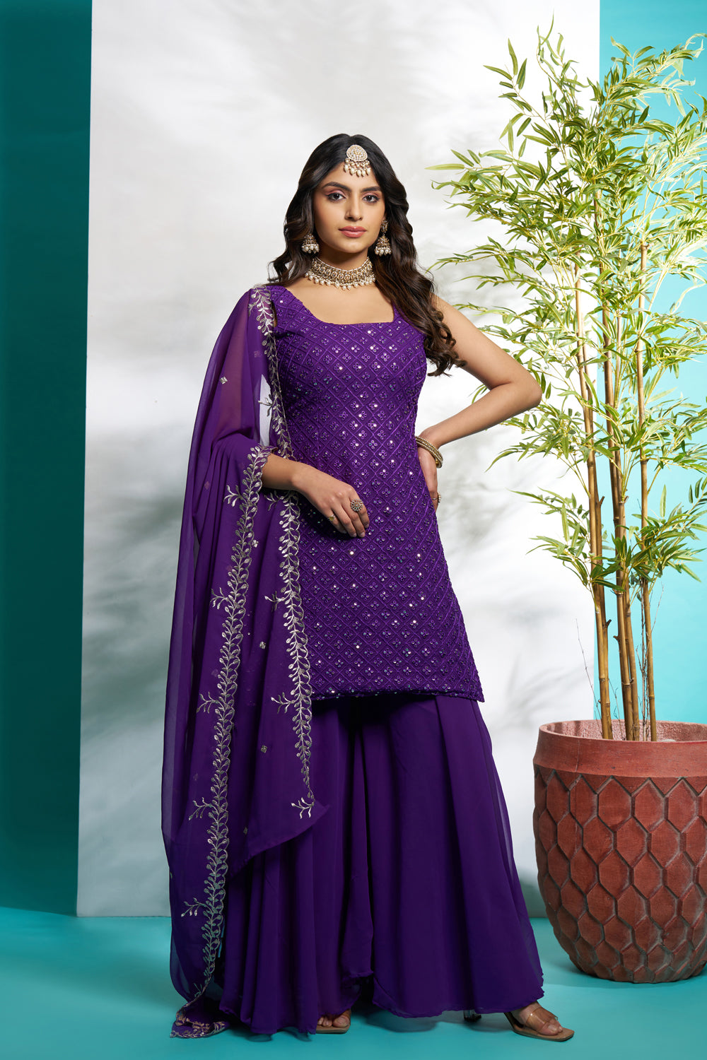 Purple Faux Georgette Embroidered Full Flaired Palazzo Set