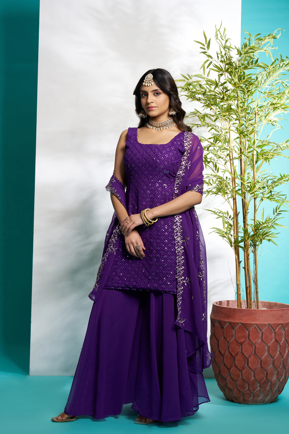 Purple Faux Georgette Embroidered Full Flaired Palazzo Set