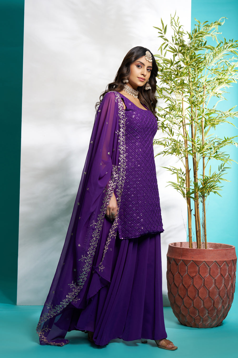 Purple Faux Georgette Embroidered Full Flaired Palazzo Set