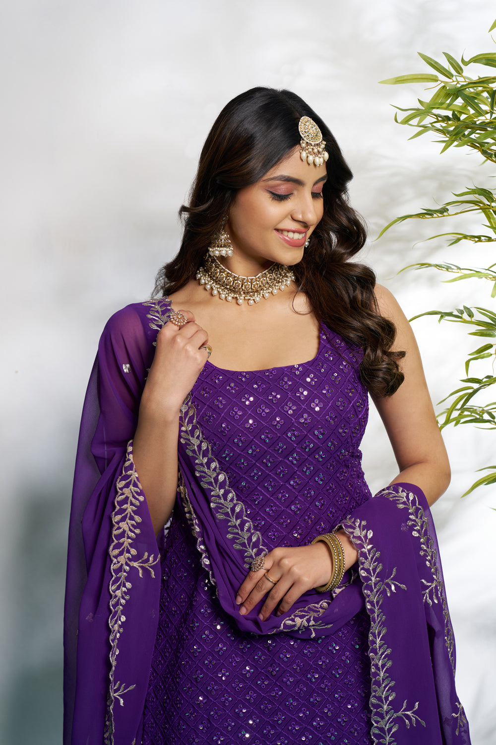 Purple Faux Georgette Embroidered Full Flaired Palazzo Set