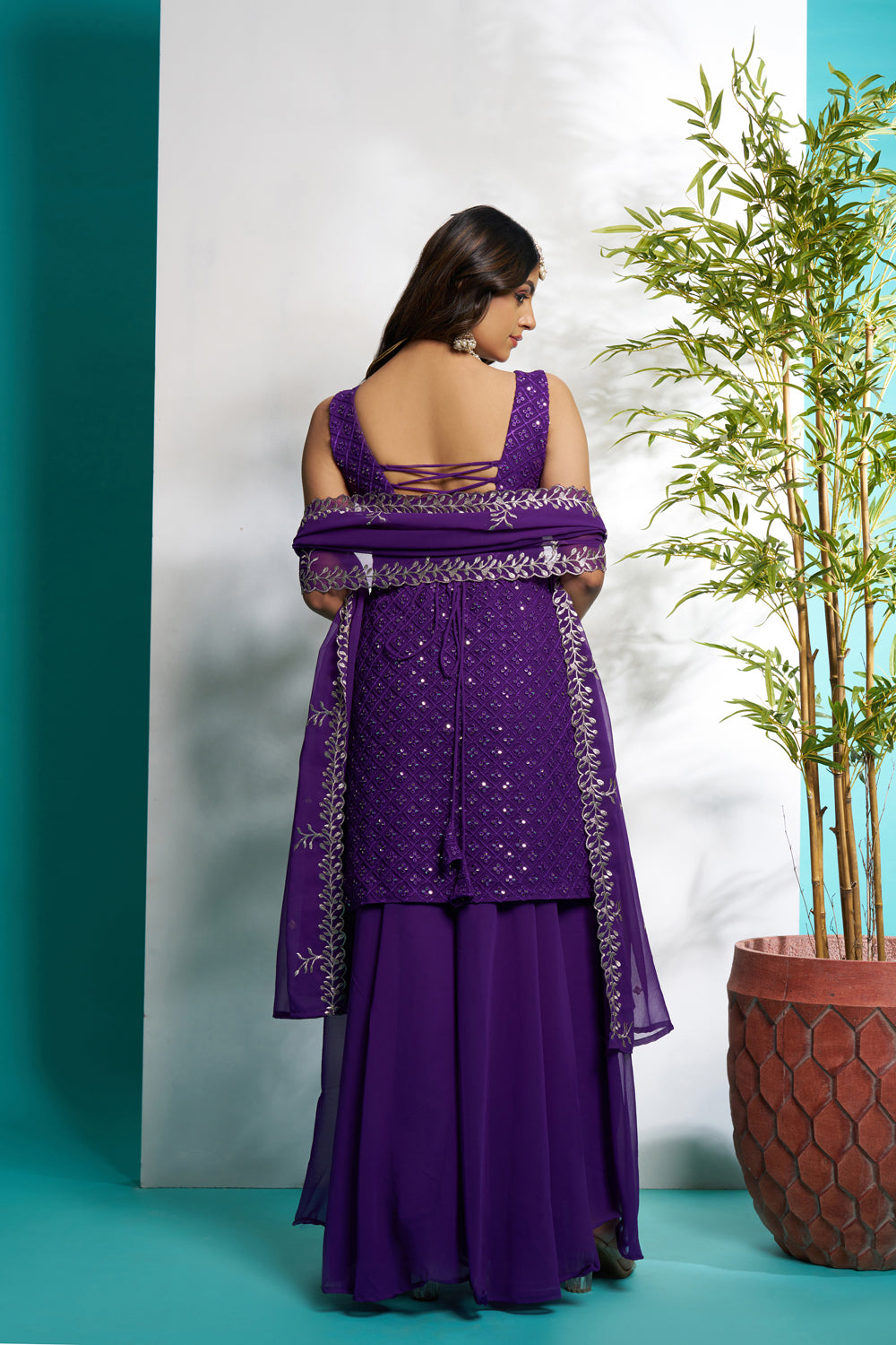 Purple Faux Georgette Embroidered Full Flaired Palazzo Set
