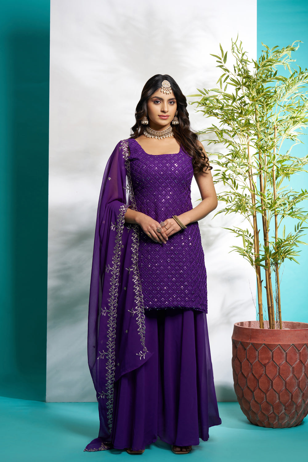 Purple Faux Georgette Embroidered Full Flaired Palazzo Set