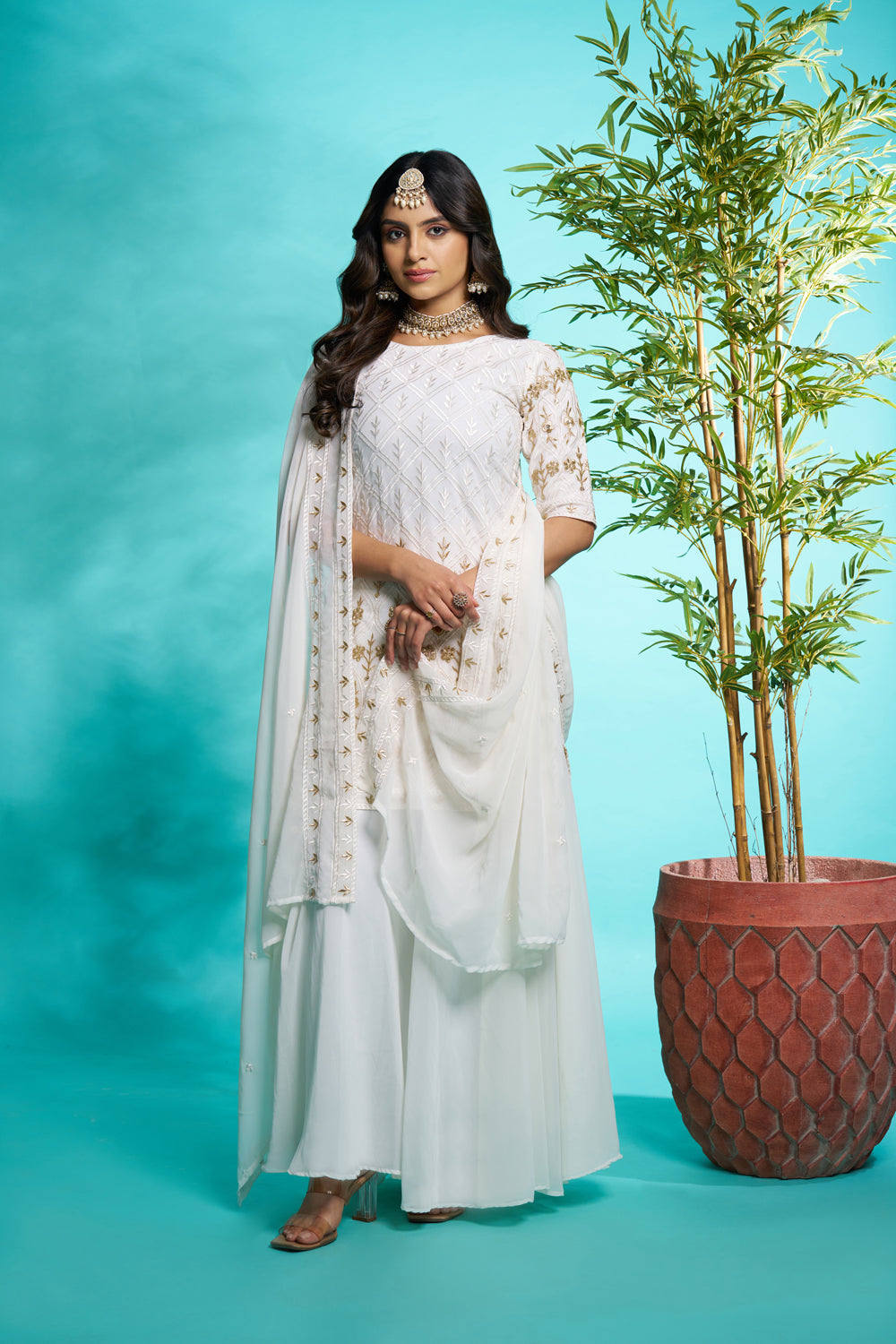White Faux Georgette Embroidered Sharara suit with Dupatta