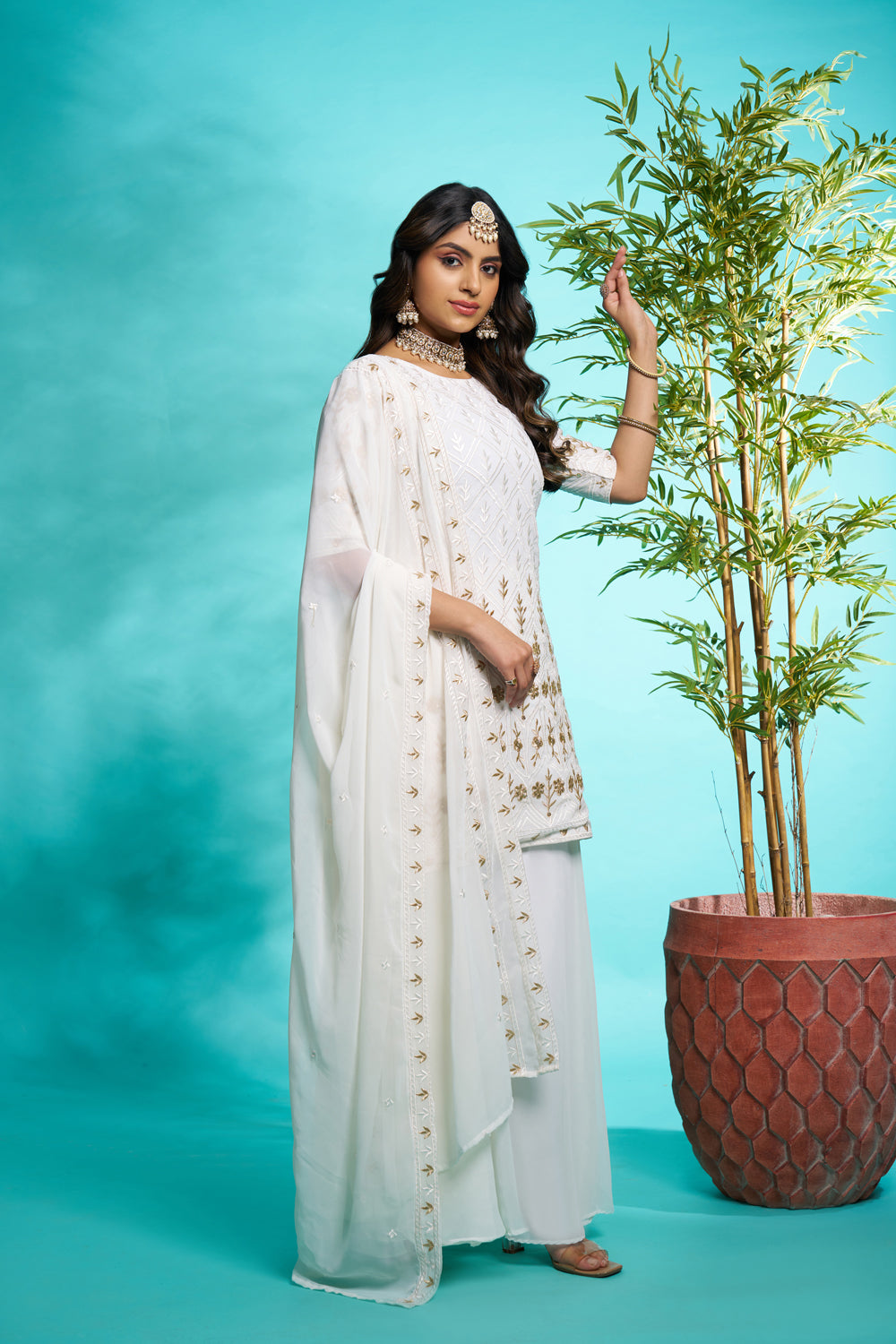 White Faux Georgette Embroidered Sharara suit with Dupatta
