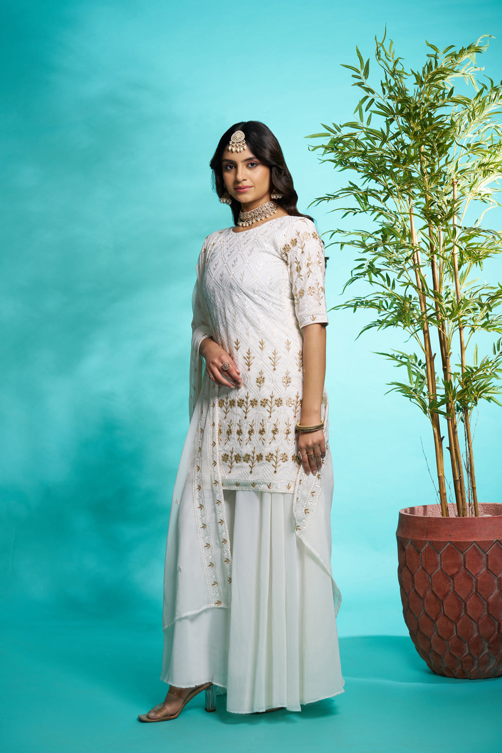 White Faux Georgette Embroidered Sharara suit with Dupatta