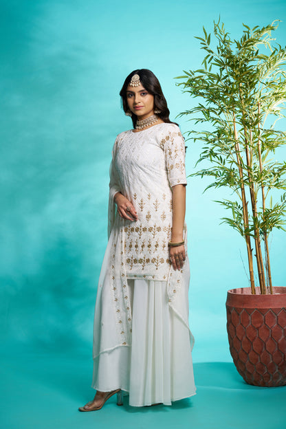 White Faux Georgette Embroidered Sharara suit with Dupatta