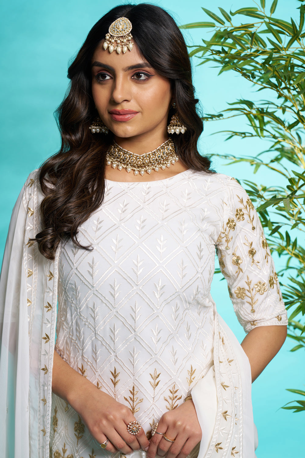 White Faux Georgette Embroidered Sharara suit with Dupatta