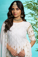 White Faux Georgette Embroidered Sharara suit with Dupatta