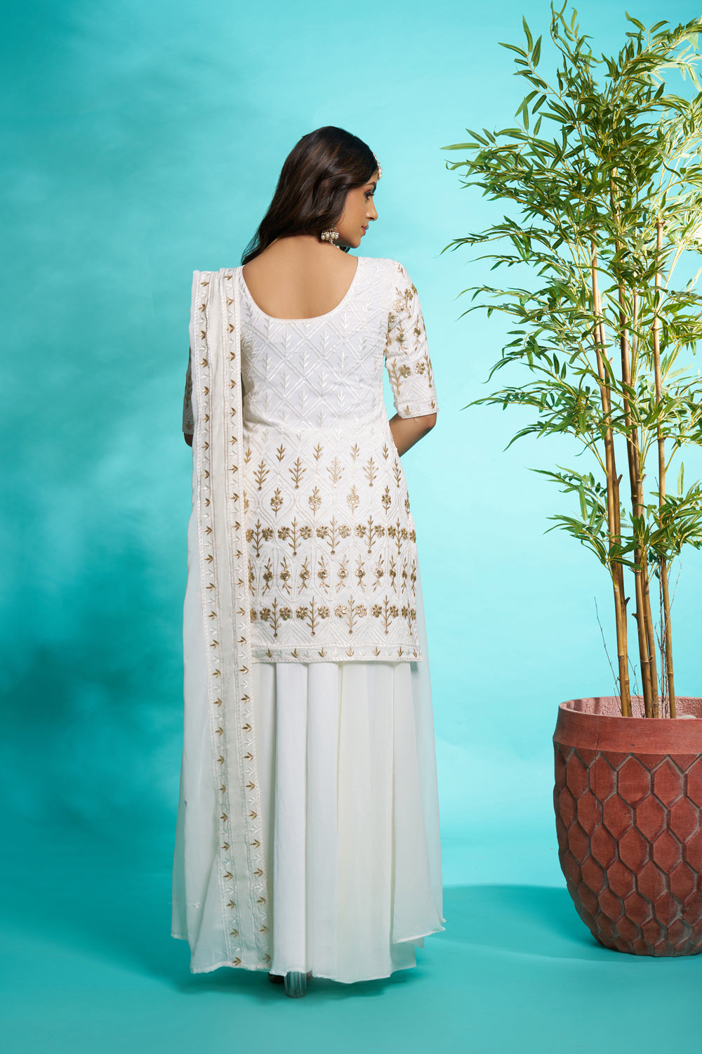 White Faux Georgette Embroidered Sharara suit with Dupatta