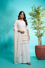 White Faux Georgette Embroidered Sharara suit with Dupatta