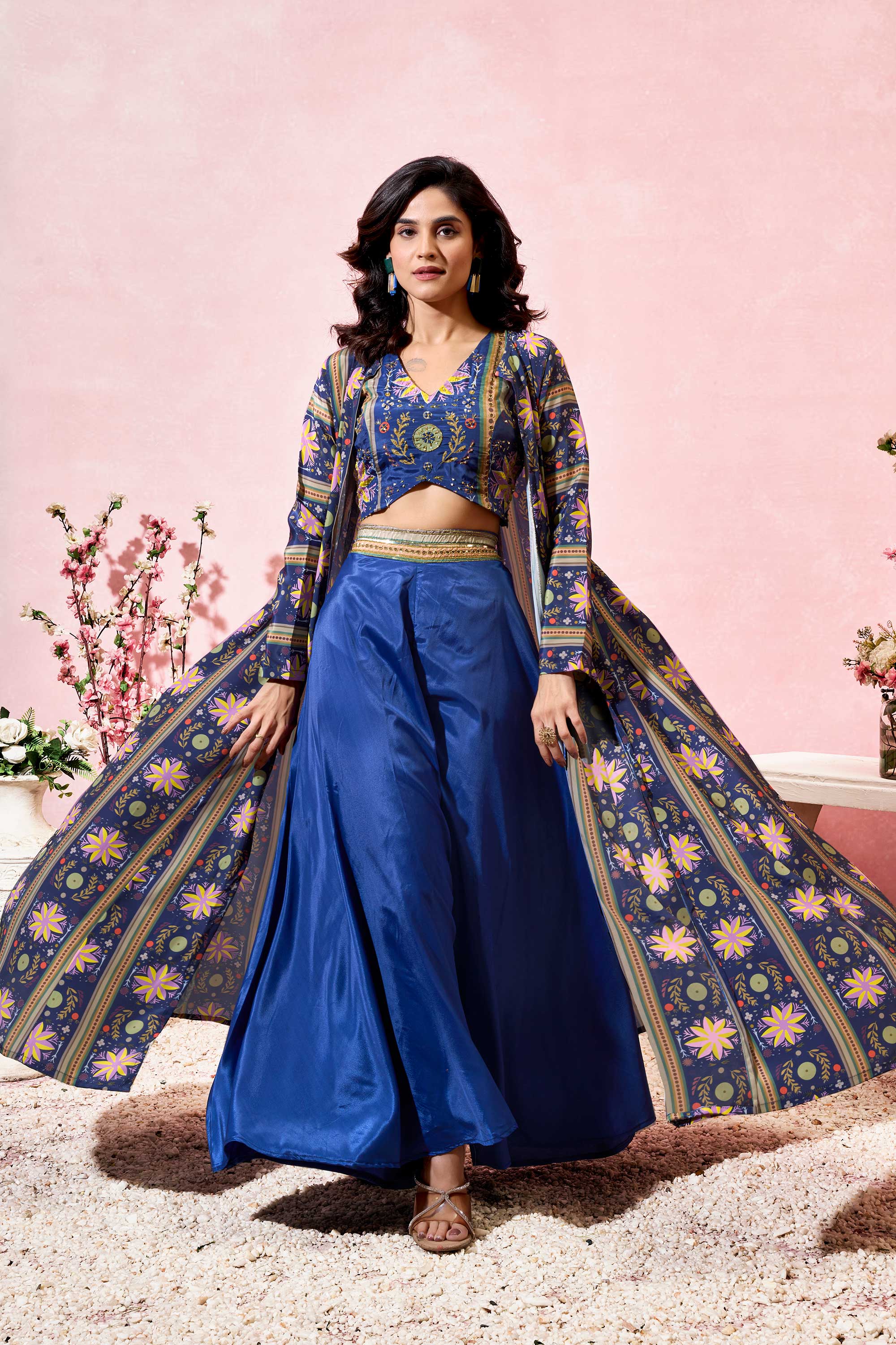 Vashti Elegant Crepe Shrug Set with Hand Work Crop top