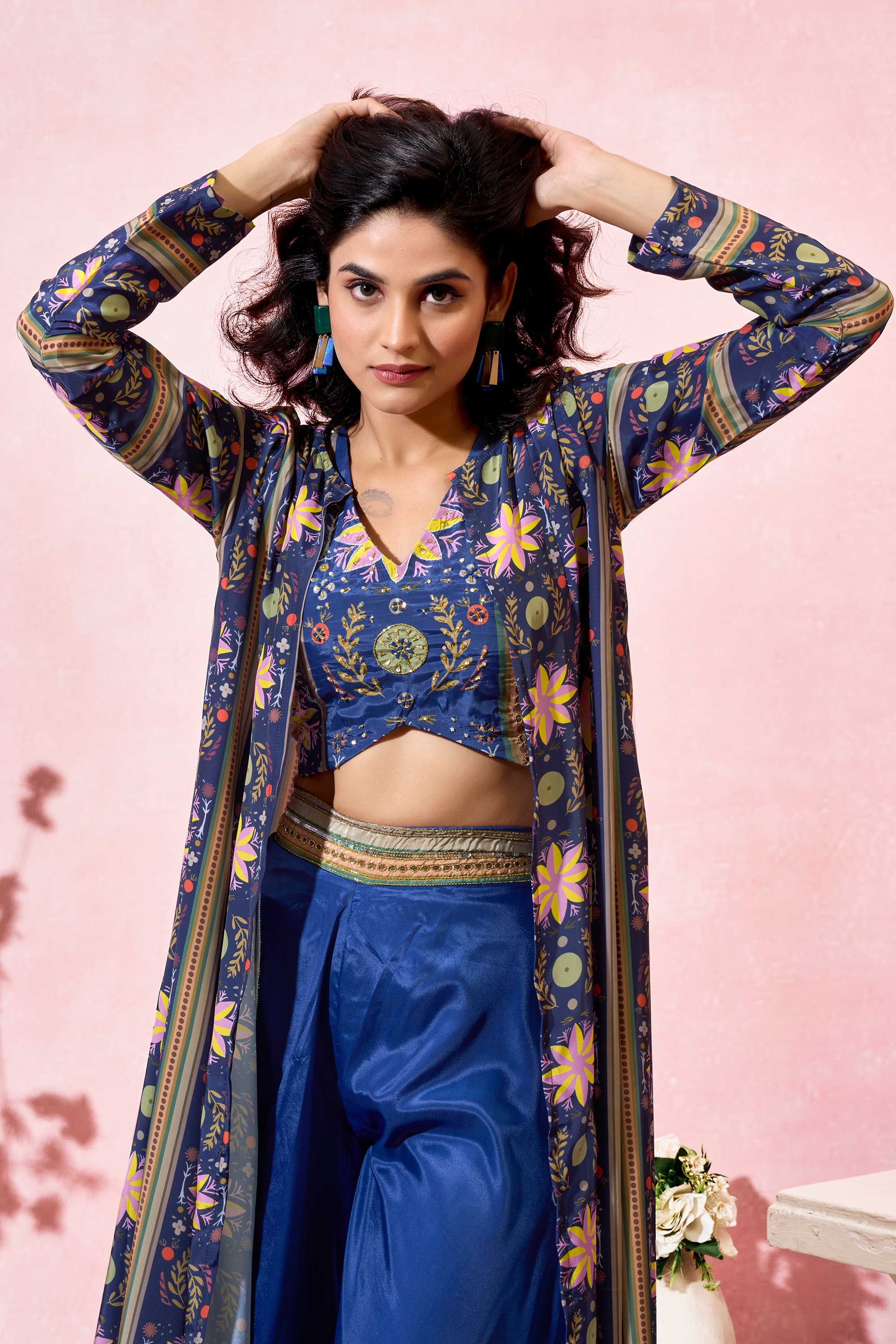 Vashti Elegant Crepe Shrug Set with Hand Work Crop top