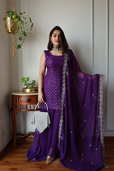 Purple Faux Georgette Embroidered Full Flaired Palazzo Set