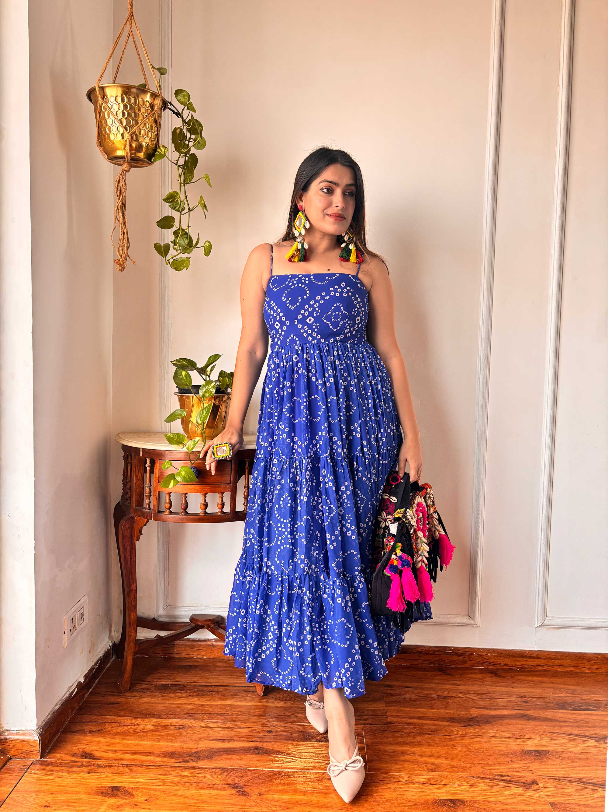 BLUE GORGETTE STRAPPY DRESS